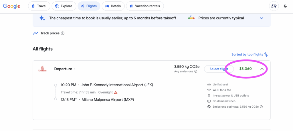 Screenshot of a Google Flights search showing an Emirates flight from JFK to MXP for $8.00, highlighted in green and circled in pink. Other flight details and filters are visible on the page.